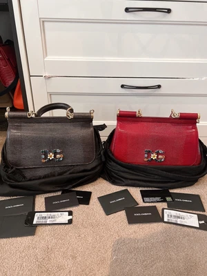 £1100 • Buy Dolce Gabbana Sicily Lizard Print Calfskin Leather Bag Medium Crystal Logo Red