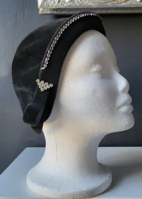 VTG 1920's 30's 40's BLACK VELVET CAP With RHINESTONE TRIM Made In ITALY • $69