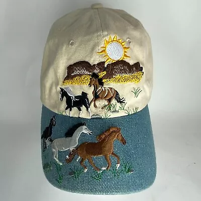 Wild Horses Running Hat Embroidered Vintage Adjustable Ball Cap Denim Tan 3D • $19.99