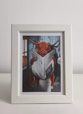 Funny Picture Of A Highland Cow Reading On The Toilet In Frame Size 13cm X 18cm • £6.99