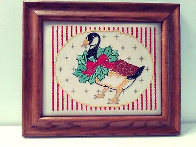 Vintage Hand Embroidered Christmas Goose Framed Wall Art Picture Gift 13 X11   • $19.95