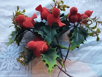 4 Vtg Christmas Wire Pick Floral Spray Red Flocked Birds Holly Mistletoe Glitter • $12
