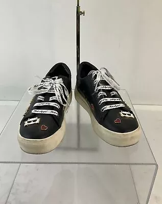 Karl Lagerfeld Paris Cate Black Leather Enamel Pin Embellished Lace-Up Sneaker 7 • $60