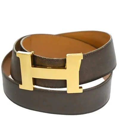 HERMES Logo Constance H Buckle Belt Leather ◯I Brown France 30EA590 • $278