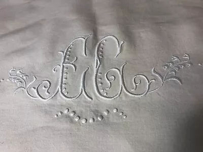 Beautiful French Vintage Linen Metis Dble. Sheet  Monogram EG / EC & Embroidery • £59.99