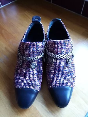 Chanel Paris Navy And Red Tweed & Leather Side Zip Bootie Shoes EUR 39 UK 6 • £250