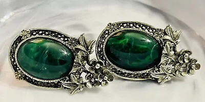 Vintage Green Malachite Runway Flower Clip Earrings Silver Tone • $12.99