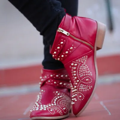 ZARA Red Leather Studded Rocker Biker Ankle Boots Rare Sold Out US 9 EU 40 • $39