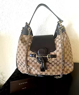 Authentic GUCCI Italy GG Canvas Large Brown GG Monogram Emily Hobo Shoulder Bag • $799