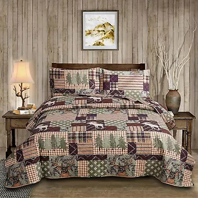 3-Piece Moose Pine Tree Reversible Quilt Set Checked Color Stripe Rustic Home L • $56.99