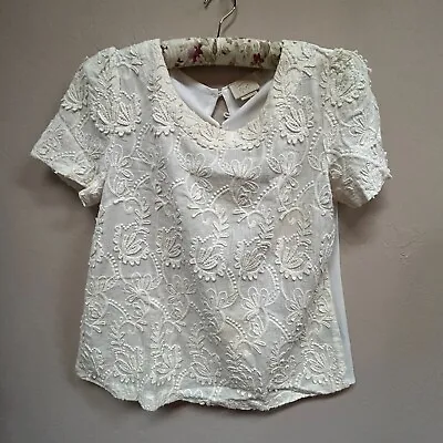 Anthropologie Vanessa Virginia Womens Embroidered Lace Front Blouse Size M Ivory • $22.05