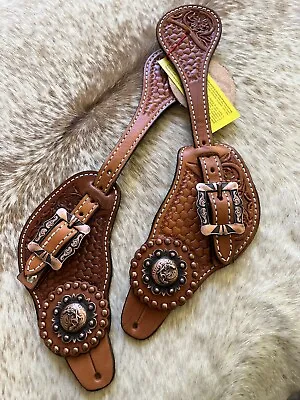 MENS Tooled Medium Oil Leather Western PAIR Spur Straps COPPER Crossed Guns • $41.95