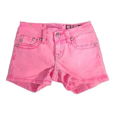 Miss Me Girls Denim Shorts Size 14 Neon Pink Pockets Rhinestones Zipper Button • $30