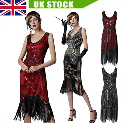 Retro 1920s Flapper Gatsby Charleston Party Sequin Fringe Evening Cocktail Dress • £25.49