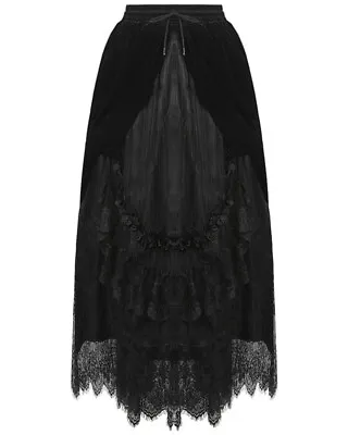 Dark In Love Womens Long Gothic Steampunk Maxi Skirt Black Layered Velvet Lace • £46.99