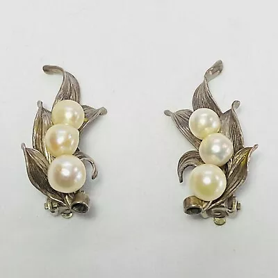 Ming's Honolulu Sterling Silver Leaf 5-6mm Pearl Clip-On Earrings 5.6g • $170