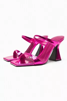 Zara Pink Metallic Thick Heels Open Toe Slip On Sandal Party Slipper Heels Shiny • $39.51