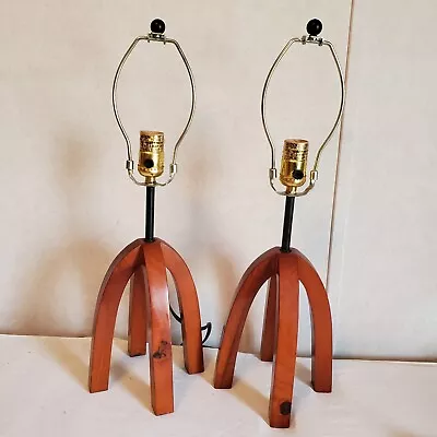 Pair Of Mid Century Table Lamps Cherry Wood 4 Leg Vintage NO SHADES • $144.95