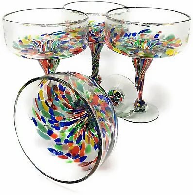 Mexican Hand Blown Glass – Set Of 4 Hand Blown Margarita Glasses Confetti... • $54.99