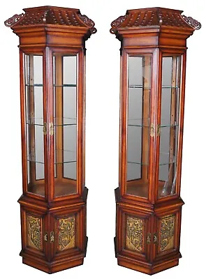 2 Japanese Red Oak Dragon Carved Hexagonal Pagoda Vitrine Curio Display Cabinets • $3995