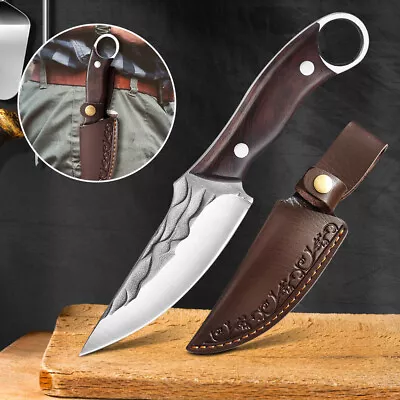 Hunting Knife Fixed Blade Wood Handle Meat Cleaver Butcher Boning Knife W/Sheath • $14.99