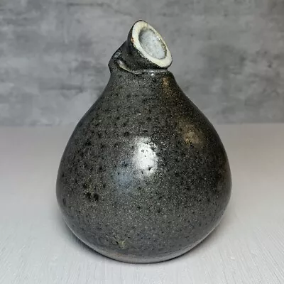 Vintage Studio Art Pottery Mottled Black Water Balloon Bud Vase 4.75  Signed • $24.50