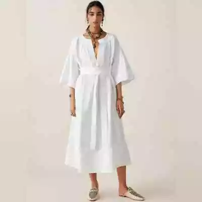 Zara White Midi Dress Large L Belted Tunic Kaftan Boho Peasant Linen Cotton • $89.90
