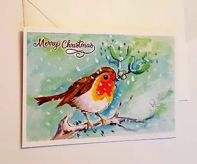 £4.50 • Buy Christmas Card Original Hand Painted  Original Print Robin Bird  With Mistletoe