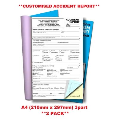£31.79 • Buy **PERSONALISED** NCR Accident Report Triplicate Book A4 (210mm X 297mm) 2 PACK