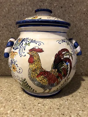 Maxcera Hand Painted Cookie Jar/ Canister With Roosters And Flowers • $35