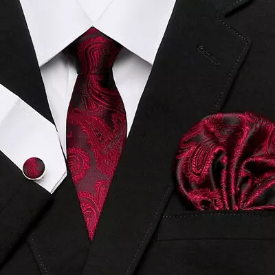 Mens  Tie Red Silk Necktie  Neck Ties Set Party Gift Casual • $9.99