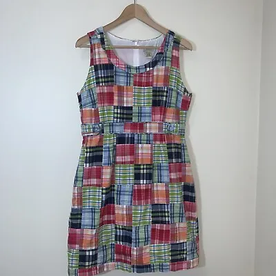 LL Bean Dress Womens 12 Petite Madras Plaid Patchwork Rainbow Sleeveless Cotton • $28
