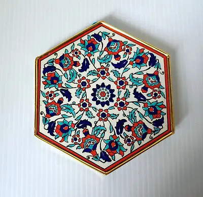 Ceramic Middle Eastern Framed Tile Iznik Style Wall Decor Blue Red Metal Frame • $25