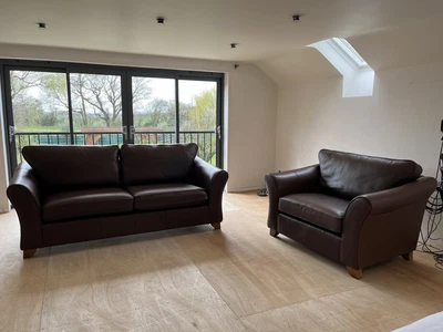 £2950 • Buy M&S Abbey Brown Leather 4 Seater Sofa X2 And Love Seat Excellent Used Condition