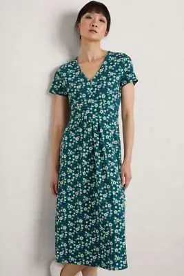 Seasalt Women's Dress - Teal Flower Bud Short Sleeve V-Neck Midi Dress - Tall -  • £65.95