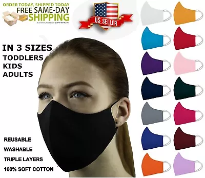 3 Face Masks Set In 3 Sizes Triple Layers 100% Cotton Washable Reusable W/Pocket • $10.50