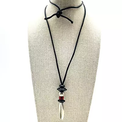 Stylized Man Medallion Necklace Black Cord Silver Tone Artsy Bead Metal Hat • $12.99
