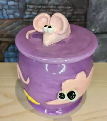 Cookie Jar Debby Carmen Mouse Chasing Cheese Pink Purple Kitsch Treat Jar Dog • $22.99