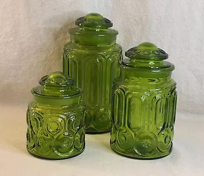 Vintage LE Smith Moon And Stars Green Glass Canisters Set Of 3 70s Mid Century • $150