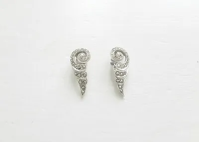 Vintage 925 Sterling Silver Marcasite Clip-On Stud Earrings Marked • £20