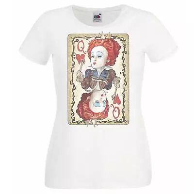 Ladies Queen Of Hearts Playing Card Wonderland Fantasy White T-Shirt • £11.95