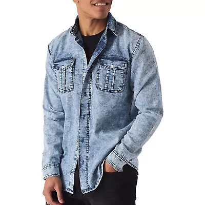 Mens Denim Blue Acid Wash Long Sleeve Shirt Slim Fit Casual Formal UK SIZE • £25.99