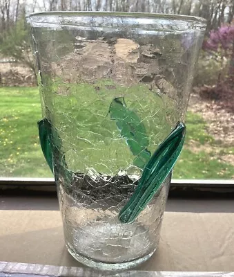 Vintage Blenko Large Crackle Glass Vase Clear Applied Green Leaves - 10” • $40