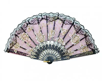 Black Slab Lace Folding Fan With Rose Pictures • $7.63