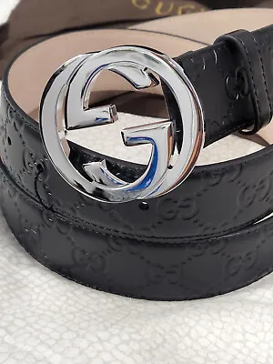 Authentic Gucci Belt Black Guccissima Monogram Silver GG Sz 32/34 • $217