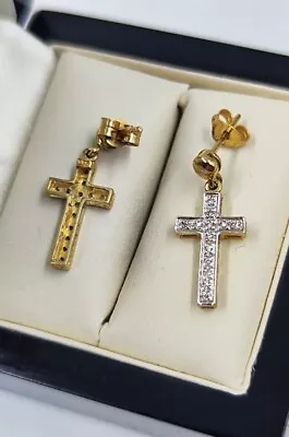 9ct Yellow Gold Cross Earrings With Diamond Hallmarked Perfect Good  • £99