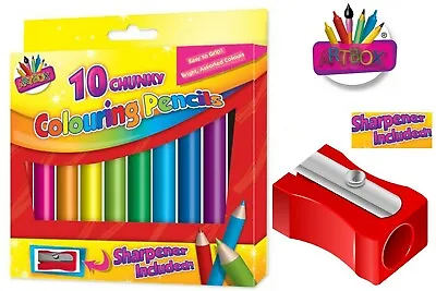 10 X Kid's Chunky Colouring Pencils School Art & Craft Bright Colour & Sharpener • £3.29