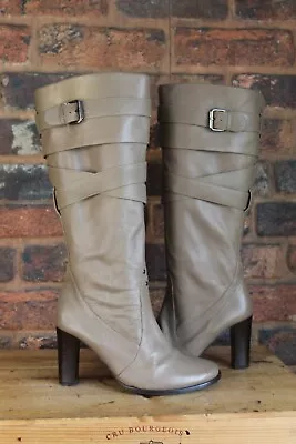 Taupe Leather Block Heel Tall Boots Size 5 / 38 Eee Wide Fit Used • £14