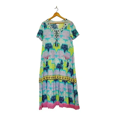 Naudic Size M Sao Paulo Maxi Dress Lightweight Cotton Kaftan Embroidered Details • $49.95