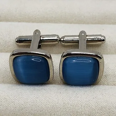 Modern Silver Tone Cufflinks W/ Square Blue Stone Center • $7.99